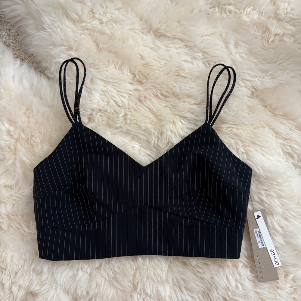 nwt do+be cropped navy pinstripe button back strappy crop top S